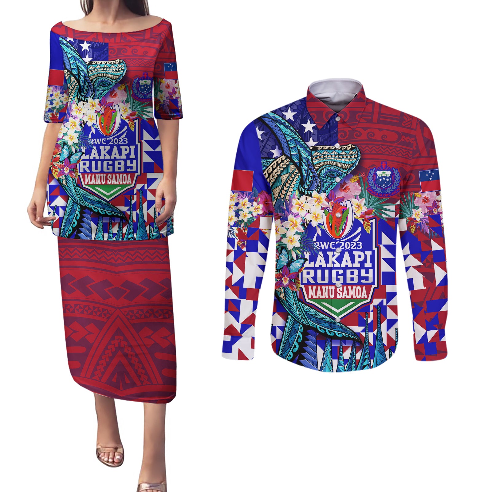 manu-samoa-rugby-2023-couples-matching-puletasi-dress-and-long-sleeve-button-shirts-humpback-whale-hexagon-tribal-tropical-style