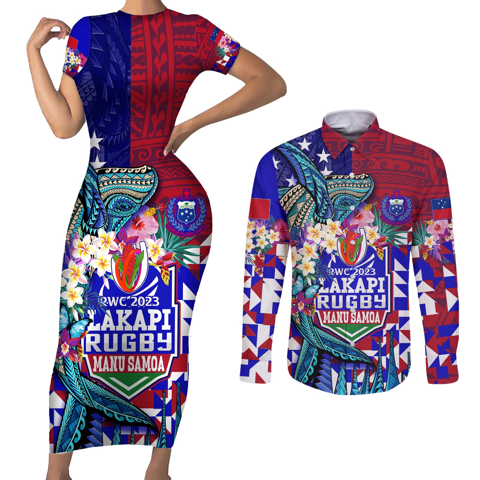 Manu Samoa Rugby 2023 Couples Matching Short Sleeve Bodycon Dress and Long Sleeve Button Shirts Humpback Whale Hexagon Tribal Tropical Style DT02 Blue - Polynesian Pride
