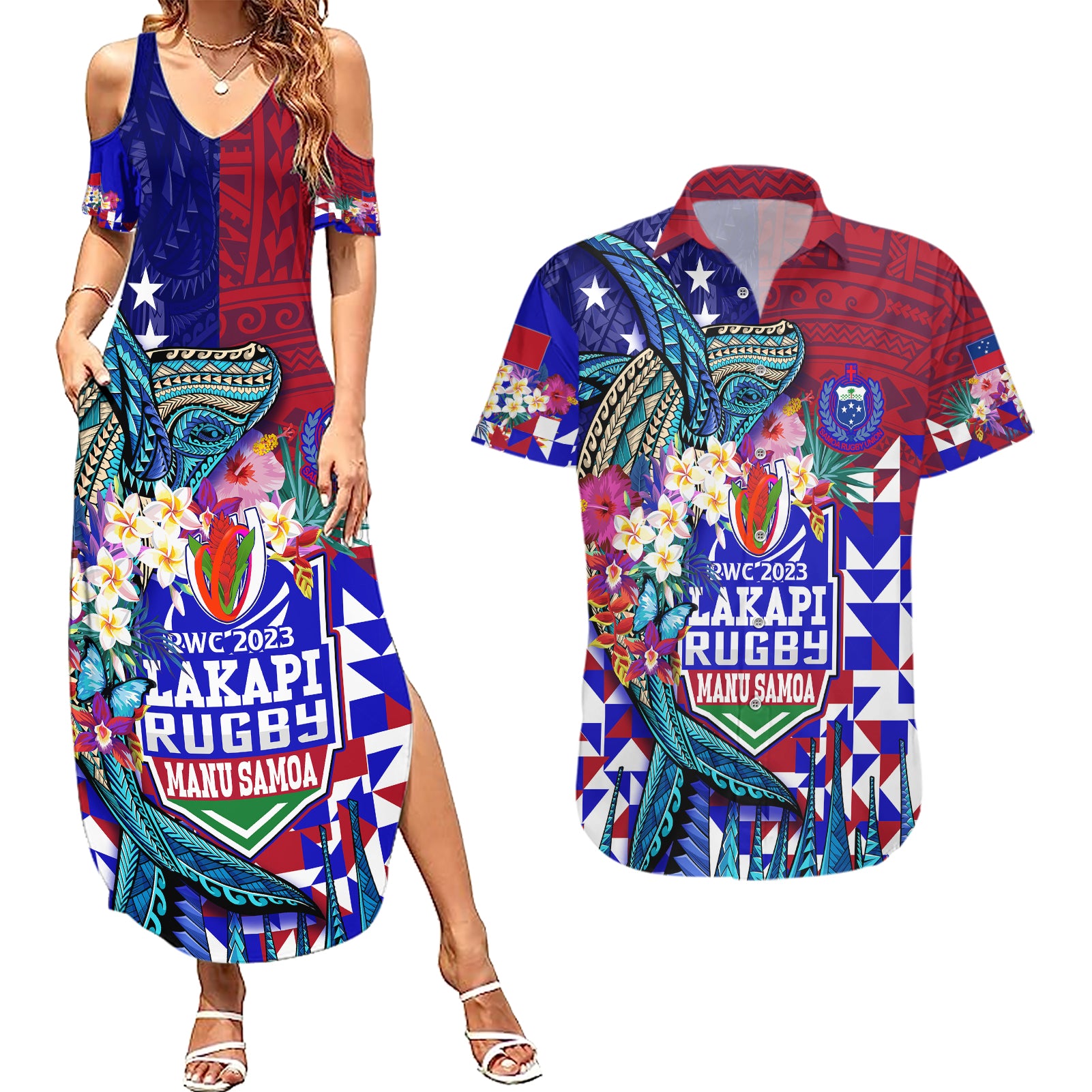 manu-samoa-rugby-2023-couples-matching-summer-maxi-dress-and-hawaiian-shirt-humpback-whale-hexagon-tribal-tropical-style