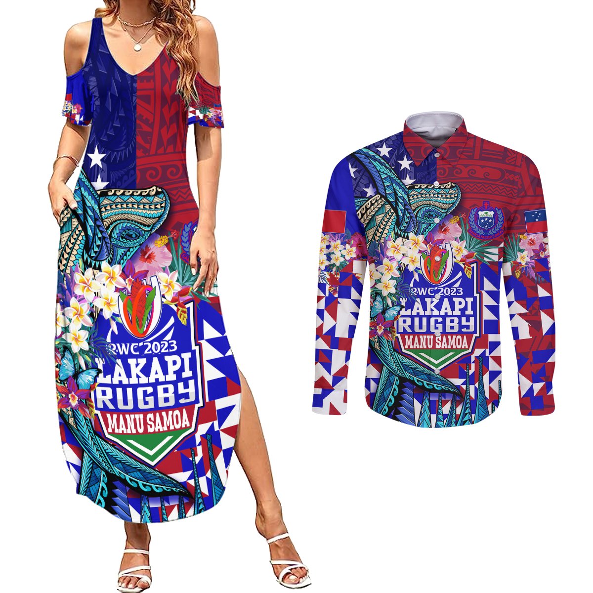 Manu Samoa Rugby 2023 Couples Matching Summer Maxi Dress and Long Sleeve Button Shirts Humpback Whale Hexagon Tribal Tropical Style DT02 Blue - Polynesian Pride