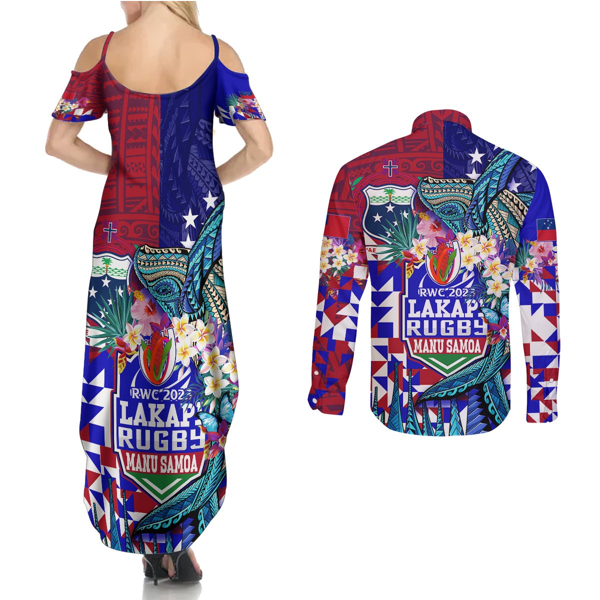 Manu Samoa Rugby 2023 Couples Matching Summer Maxi Dress and Long Sleeve Button Shirts Humpback Whale Hexagon Tribal Tropical Style DT02 - Polynesian Pride