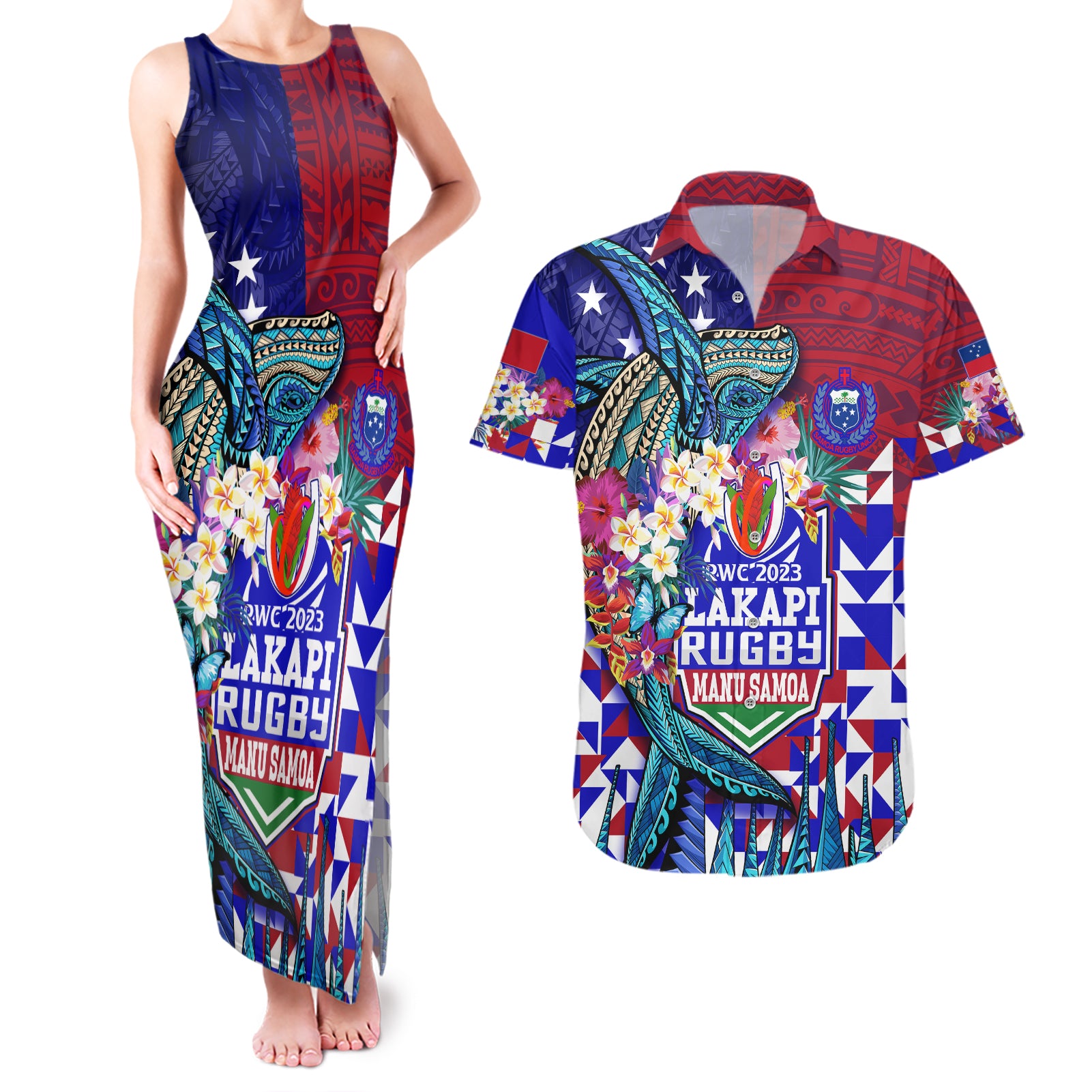 manu-samoa-rugby-2023-couples-matching-tank-maxi-dress-and-hawaiian-shirt-humpback-whale-hexagon-tribal-tropical-style