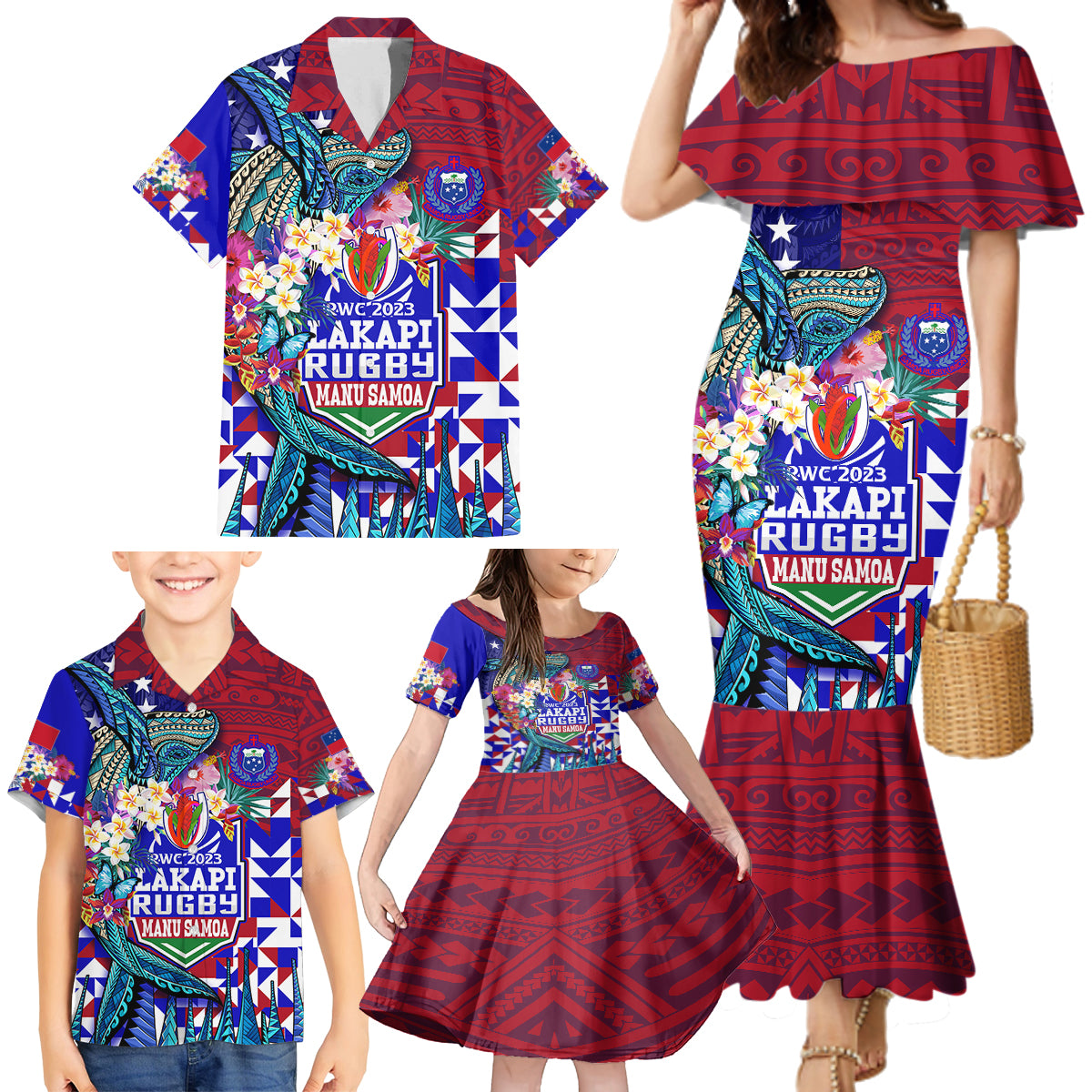 manu-samoa-rugby-2023-family-matching-mermaid-dress-and-hawaiian-shirt-humpback-whale-hexagon-tribal-tropical-style