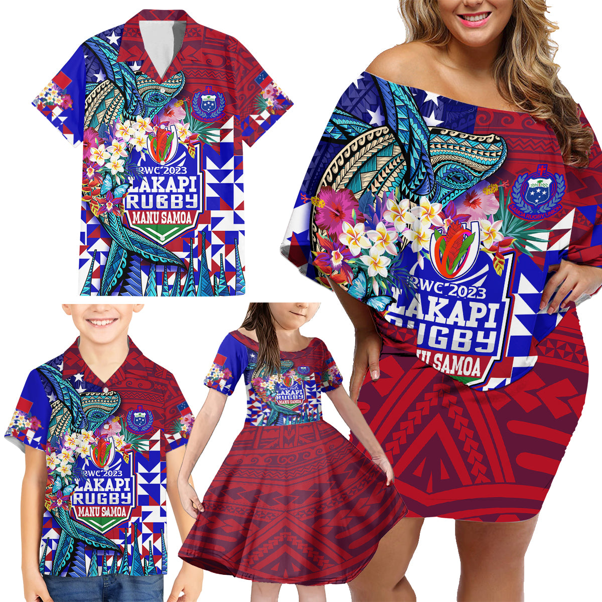 manu-samoa-rugby-2023-family-matching-off-shoulder-short-dress-and-hawaiian-shirt-humpback-whale-hexagon-tribal-tropical-style