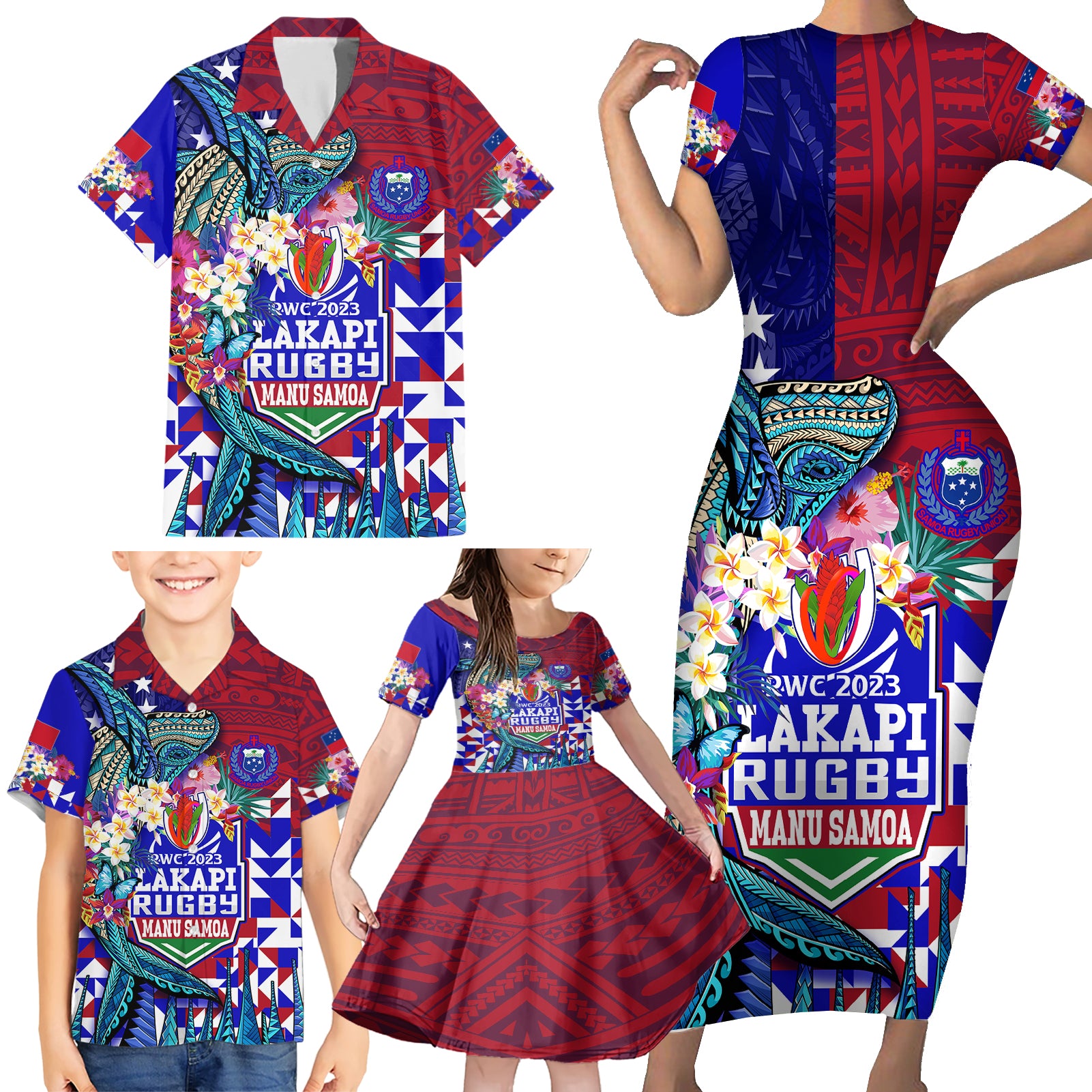 manu-samoa-rugby-2023-family-matching-short-sleeve-bodycon-dress-and-hawaiian-shirt-humpback-whale-hexagon-tribal-tropical-style