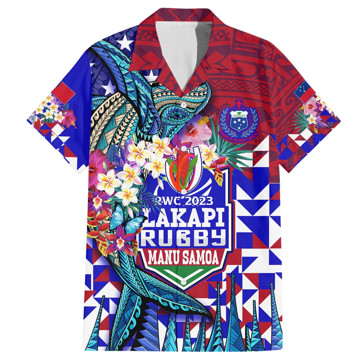 Manu Samoa Rugby 2023 Hawaiian Shirt Humpback Whale Hexagon Tribal Tropical Style DT02 Blue - Polynesian Pride