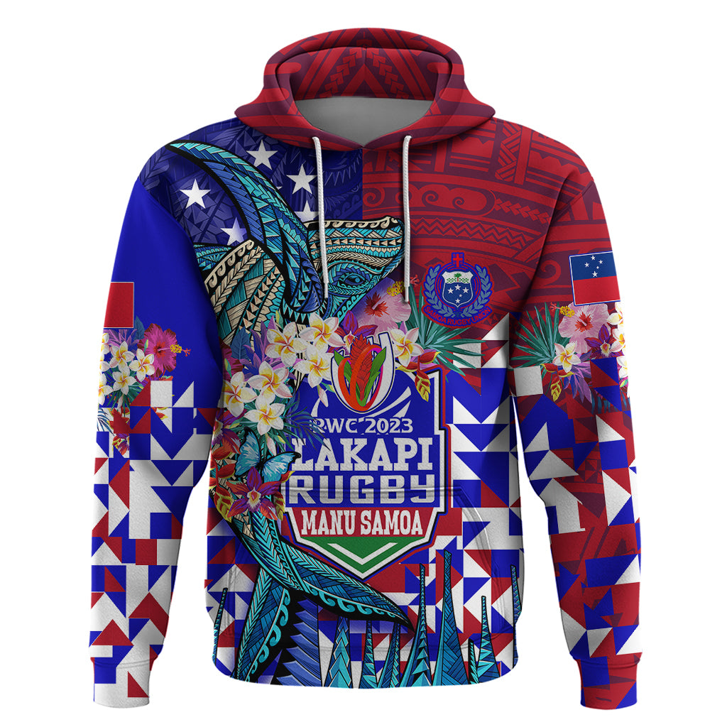 Manu Samoa Rugby 2023 Hoodie Humpback Whale Hexagon Tribal Tropical Style DT02 Blue - Polynesian Pride