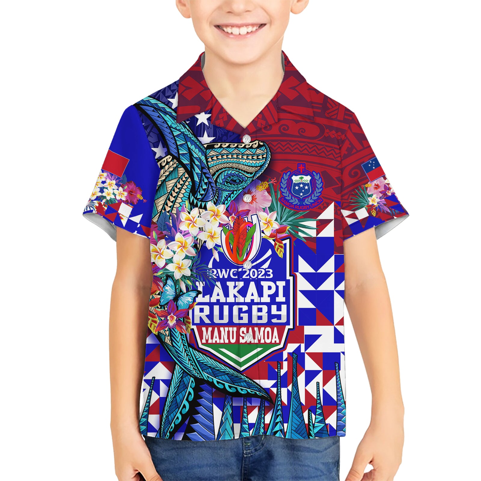 Manu Samoa Rugby 2023 Kid Hawaiian Shirt Humpback Whale Hexagon Tribal Tropical Style DT02 Kid Blue - Polynesian Pride