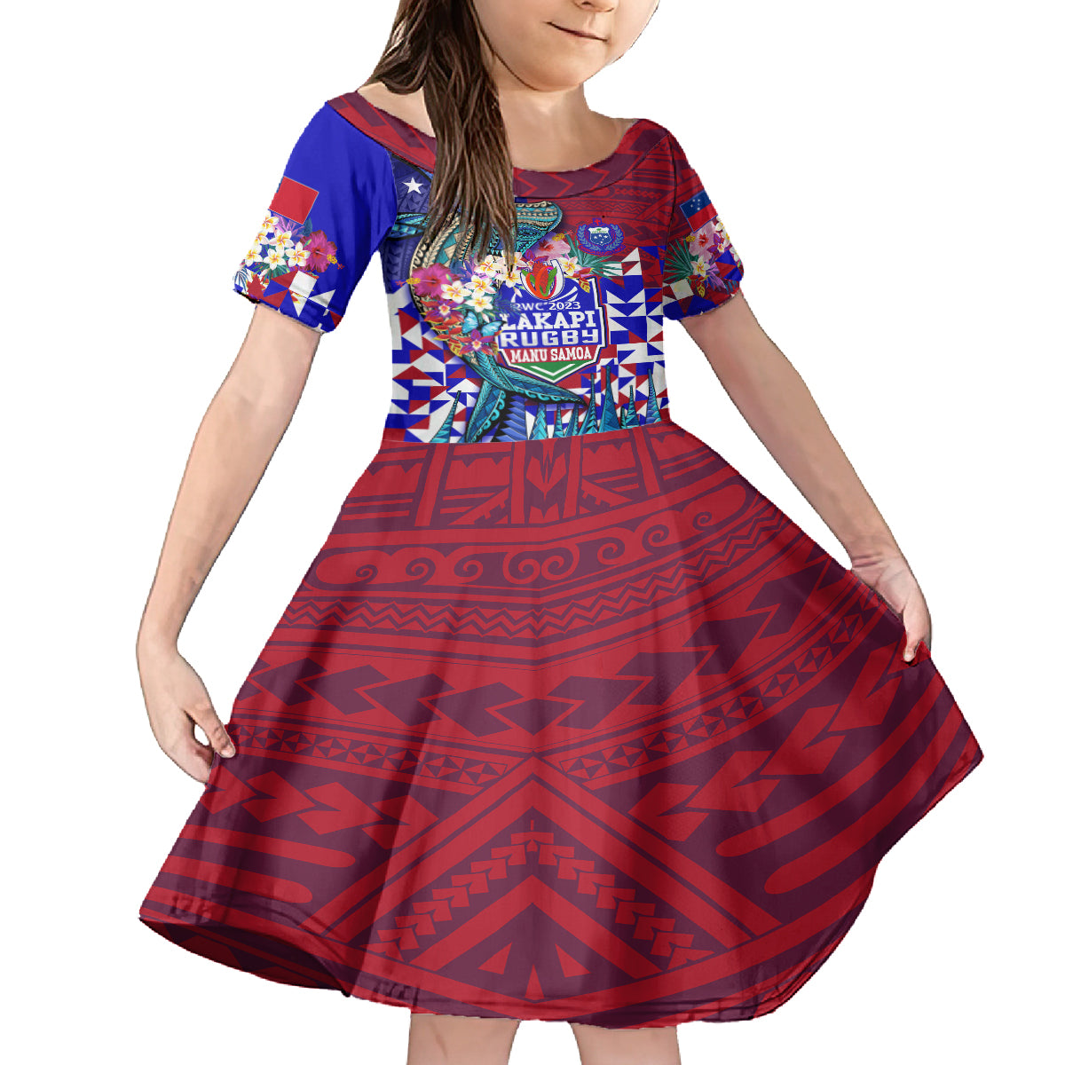 manu-samoa-rugby-2023-kid-short-sleeve-dress-humpback-whale-hexagon-tribal-tropical-style