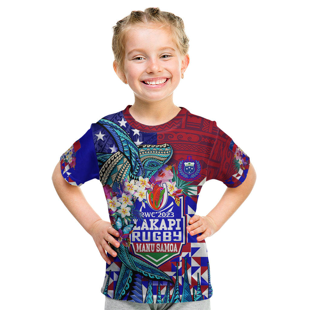 Manu Samoa Rugby 2023 Kid T Shirt Humpback Whale Hexagon Tribal Tropical Style DT02 Blue - Polynesian Pride