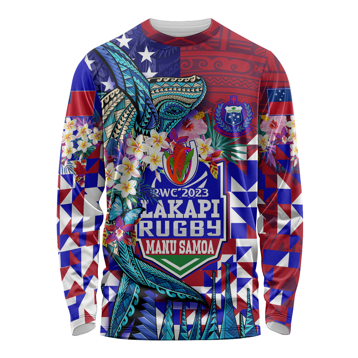Manu Samoa Rugby 2023 Long Sleeve Shirt Humpback Whale Hexagon Tribal Tropical Style DT02 Unisex Blue - Polynesian Pride