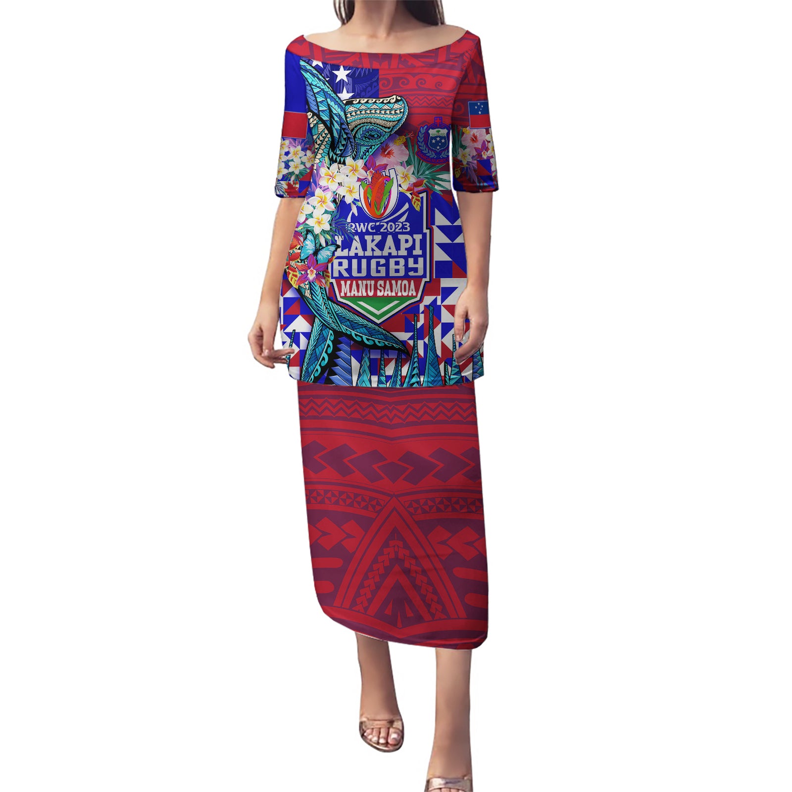 Manu Samoa Rugby 2023 Puletasi Humpback Whale Hexagon Tribal Tropical Style DT02 Long Dress Blue - Polynesian Pride