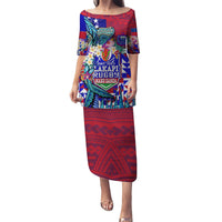 Manu Samoa Rugby 2023 Puletasi Humpback Whale Hexagon Tribal Tropical Style DT02 Long Dress Blue - Polynesian Pride