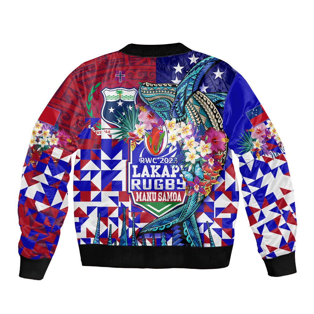 Manu Samoa Rugby 2023 Sleeve Zip Bomber Jacket Humpback Whale Hexagon Tribal Tropical Style DT02 - Polynesian Pride