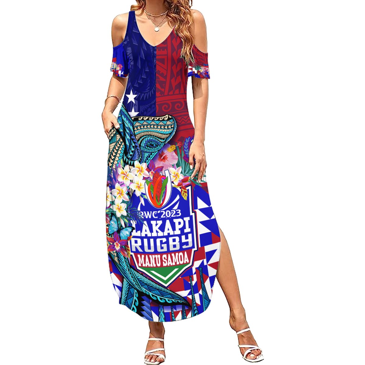 Manu Samoa Rugby 2023 Summer Maxi Dress Humpback Whale Hexagon Tribal Tropical Style DT02 Women Blue - Polynesian Pride