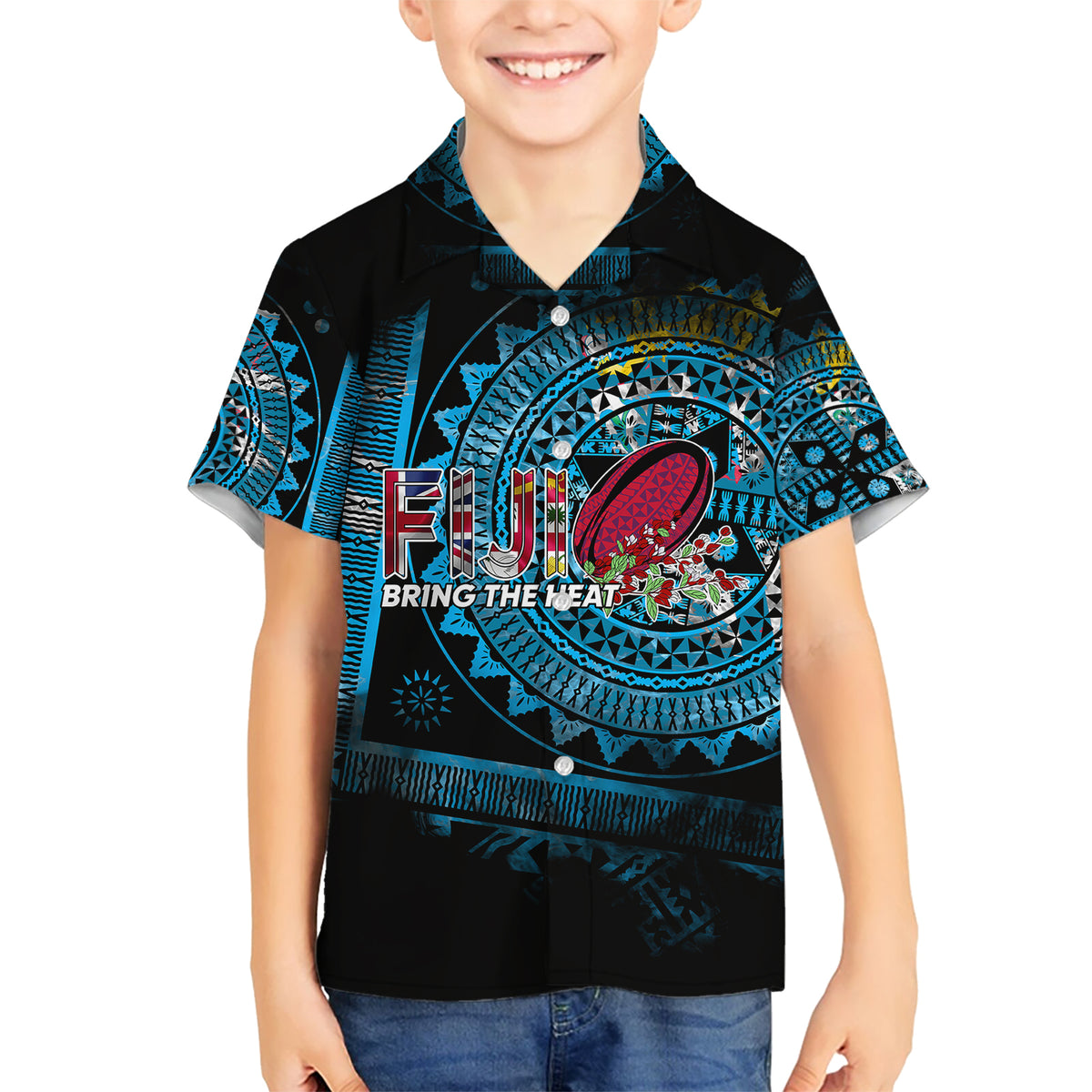Fiji Rugby Kid Hawaiian Shirt Bring The Heat DT02 Kid Blue - Polynesian Pride