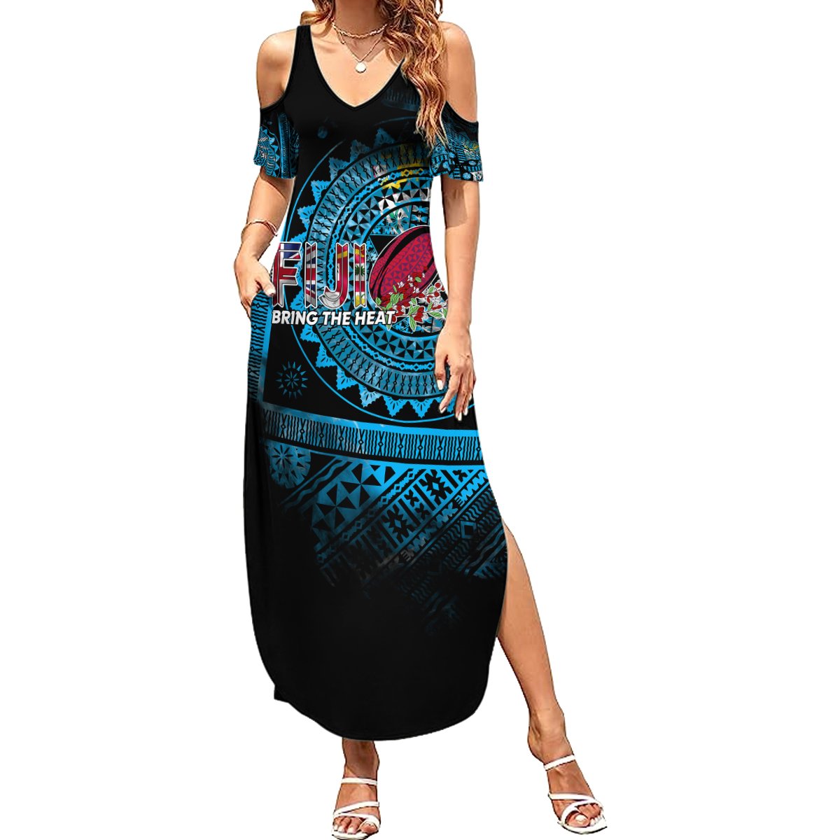 Fiji Rugby Summer Maxi Dress Bring The Heat DT02 Women Blue - Polynesian Pride