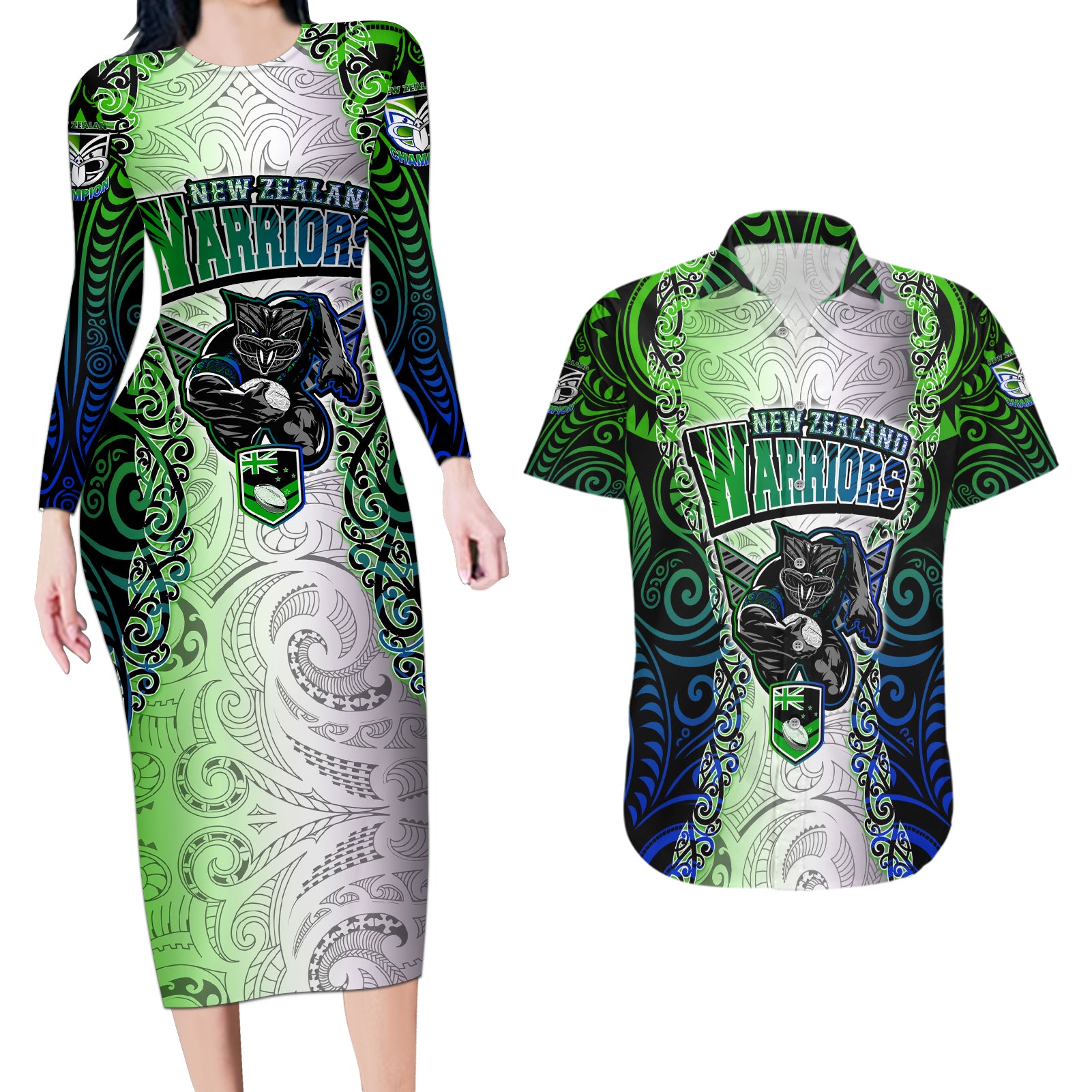 Personalised New Zealand Warriors Couples Matching Long Sleeve Bodycon Dress and Hawaiian Shirt Maori Silver Fern Green DT02 Green - Polynesian Pride