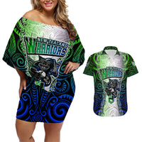 Personalised New Zealand Warriors Couples Matching Off Shoulder Short Dress and Hawaiian Shirt Maori Silver Fern Green DT02 Green - Polynesian Pride
