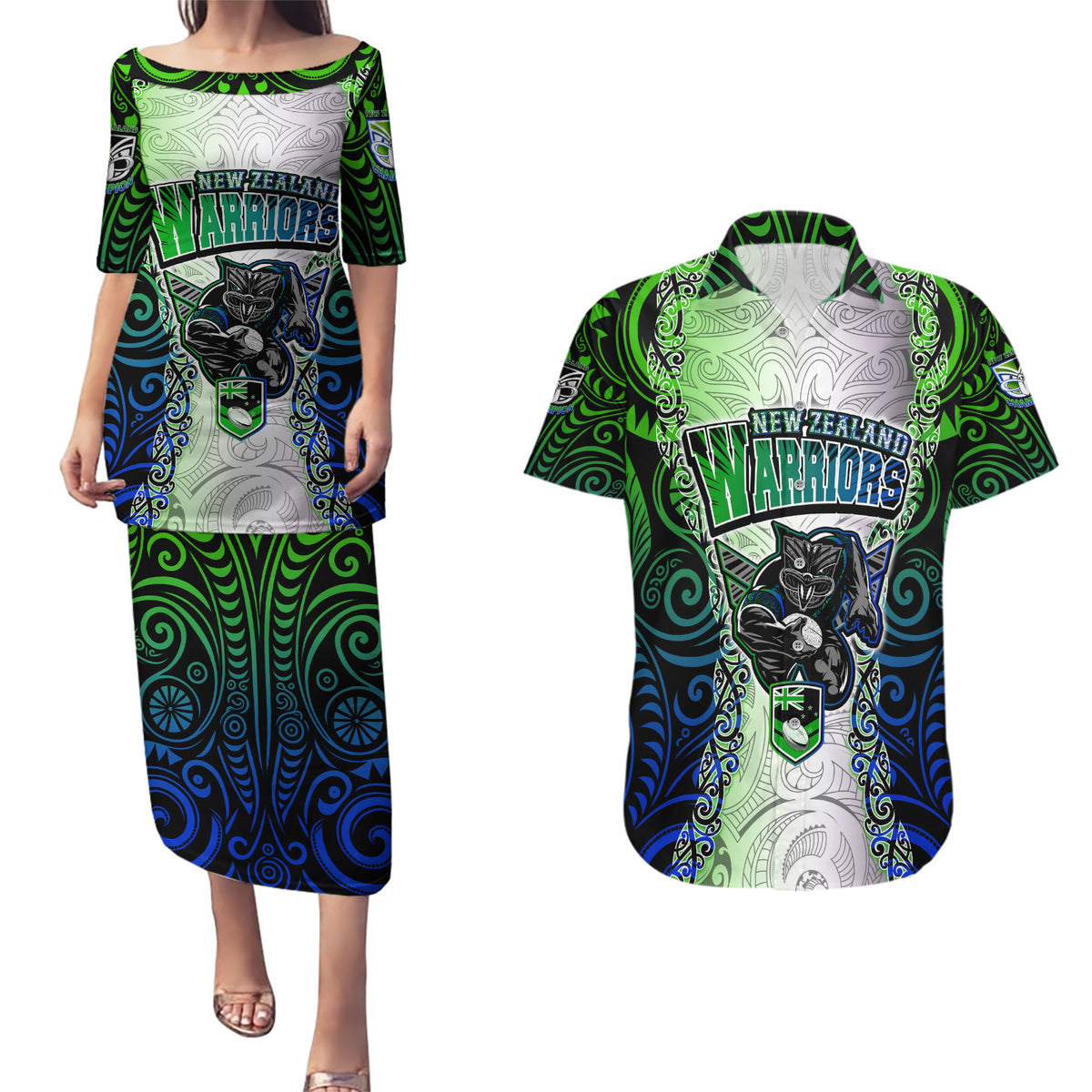 Personalised New Zealand Warriors Couples Matching Puletasi Dress and Hawaiian Shirt Maori Silver Fern Green DT02 Green - Polynesian Pride