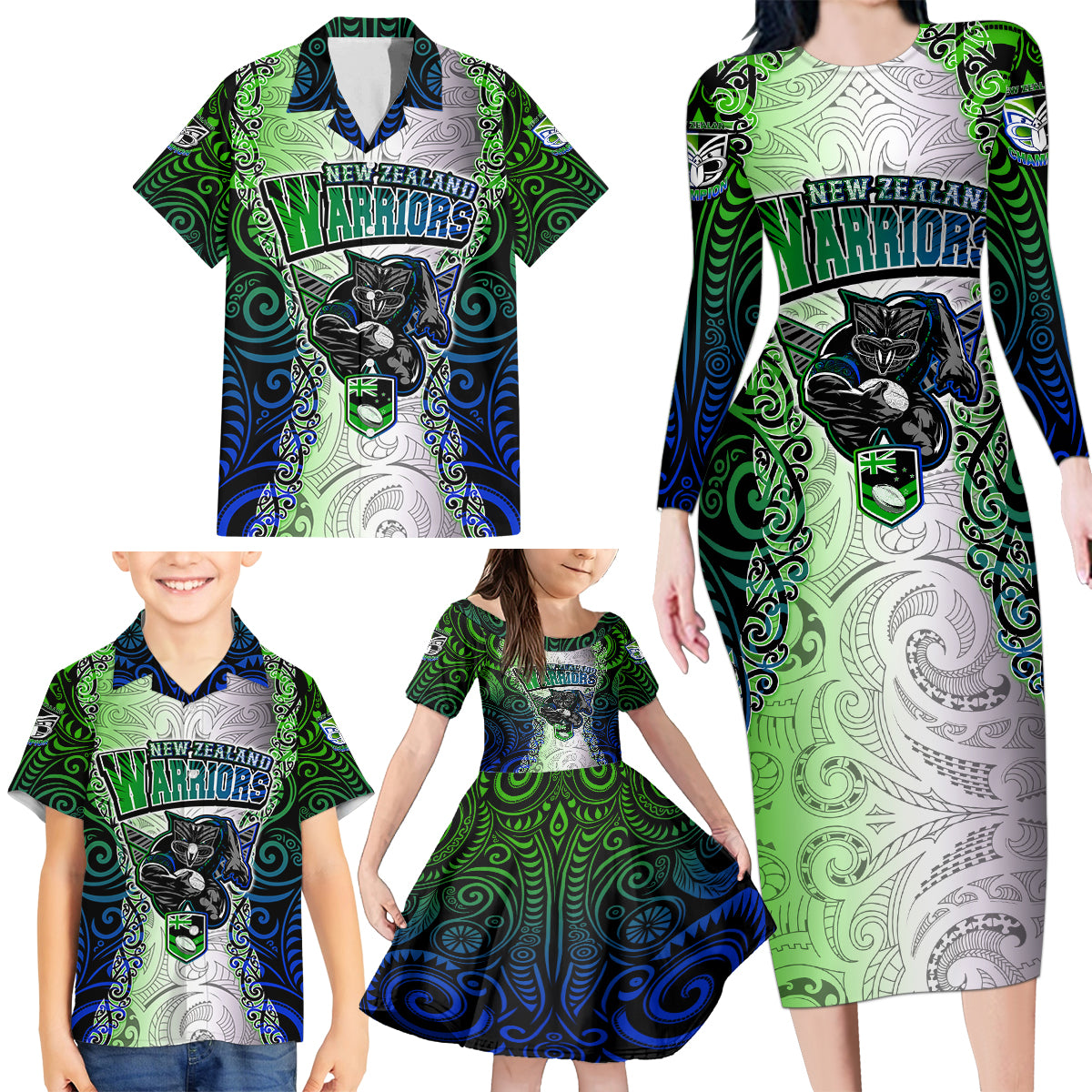 Personalised New Zealand Warriors Family Matching Long Sleeve Bodycon Dress and Hawaiian Shirt Maori Silver Fern Green DT02 - Polynesian Pride