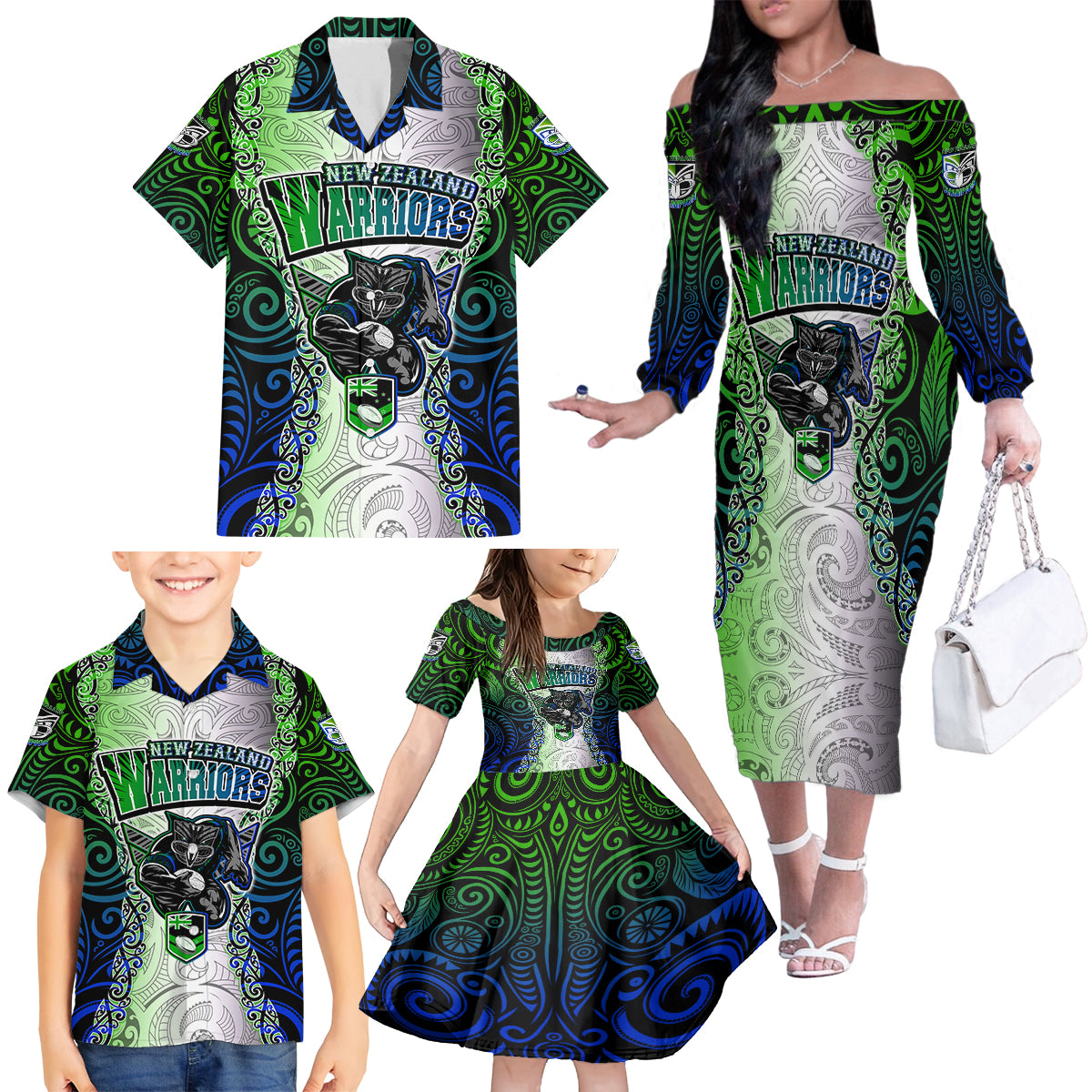 Personalised New Zealand Warriors Family Matching Off Shoulder Long Sleeve Dress and Hawaiian Shirt Maori Silver Fern Green DT02 - Polynesian Pride