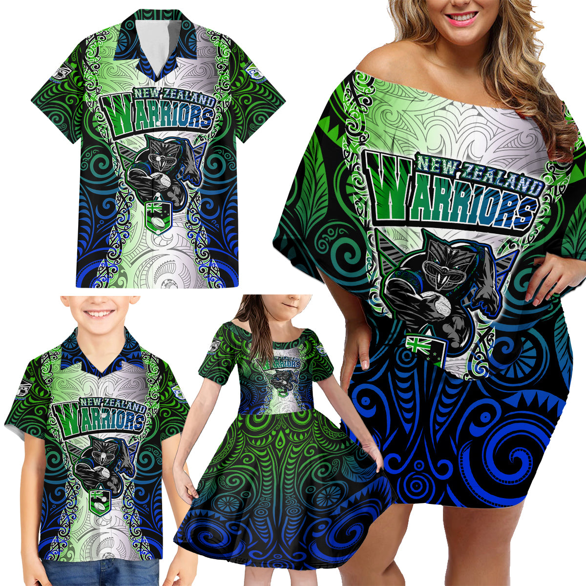 Personalised New Zealand Warriors Family Matching Off Shoulder Short Dress and Hawaiian Shirt Maori Silver Fern Green DT02 - Polynesian Pride