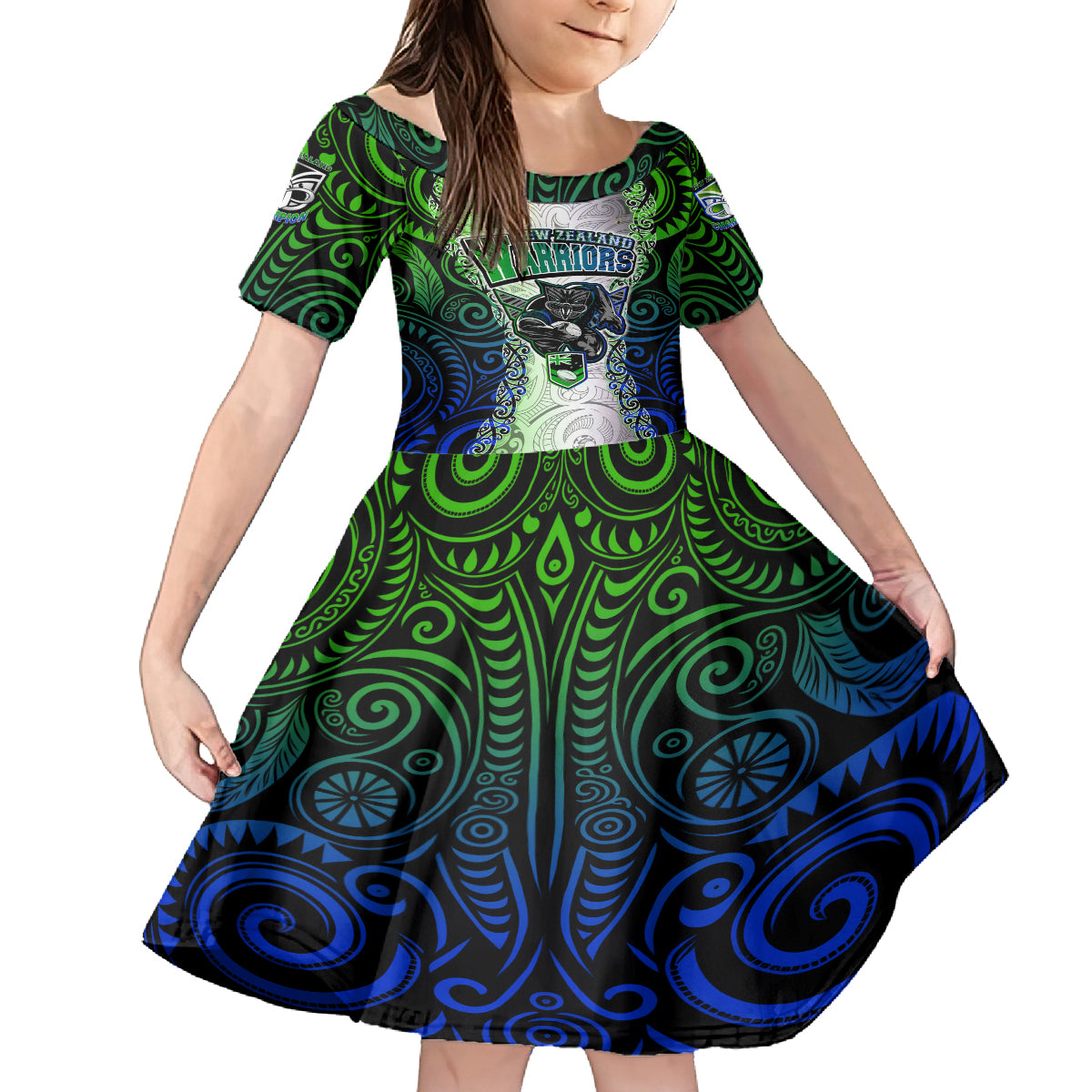 Personalised New Zealand Warriors Family Matching Summer Maxi Dress and Hawaiian Shirt Maori Silver Fern Green DT02 Daughter's Dress Green - Polynesian Pride