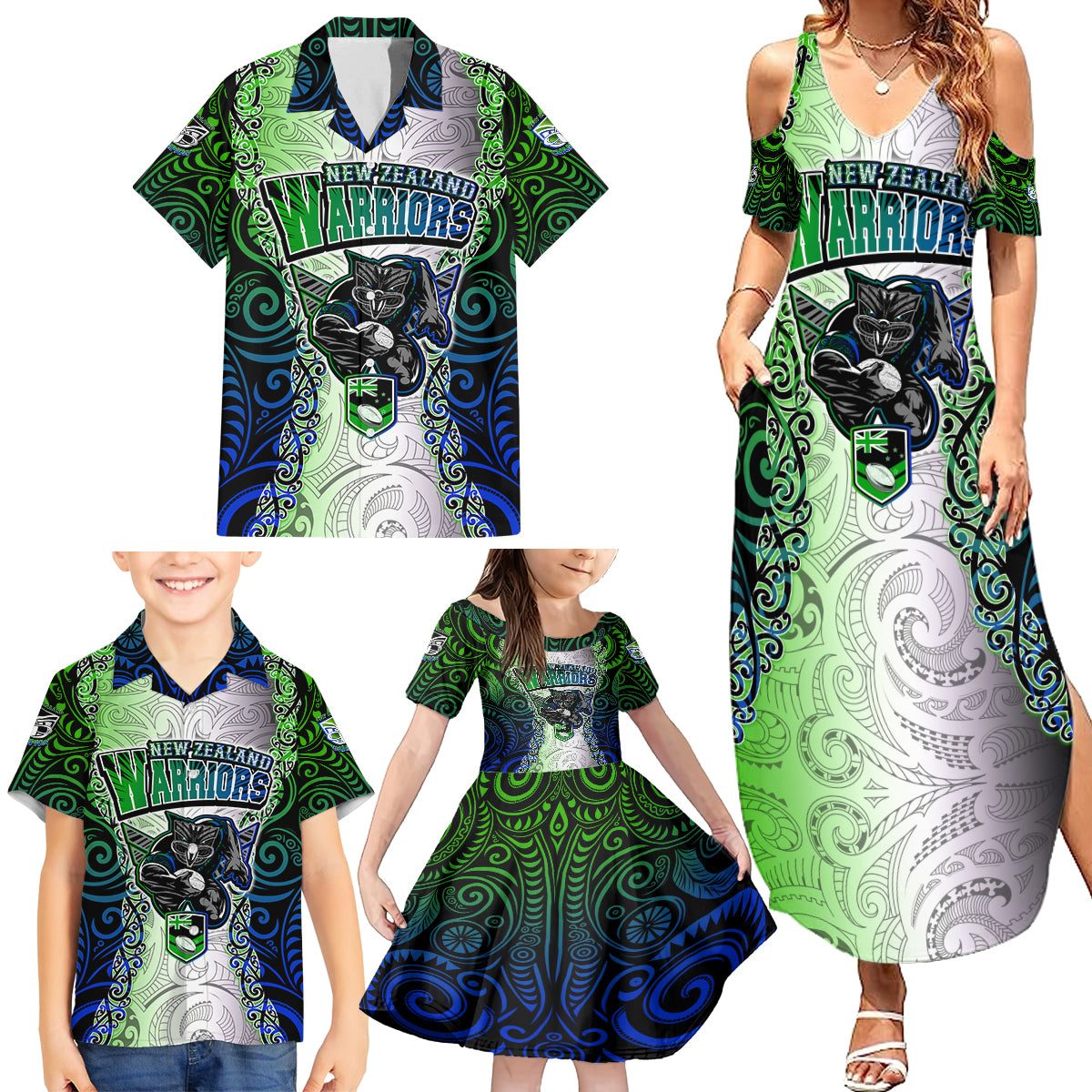 Personalised New Zealand Warriors Family Matching Summer Maxi Dress and Hawaiian Shirt Maori Silver Fern Green DT02 - Polynesian Pride