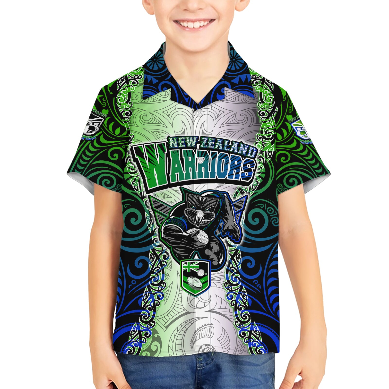 Personalised New Zealand Warriors Kid Hawaiian Shirt Maori Silver Fern Green DT02 Kid Green - Polynesian Pride