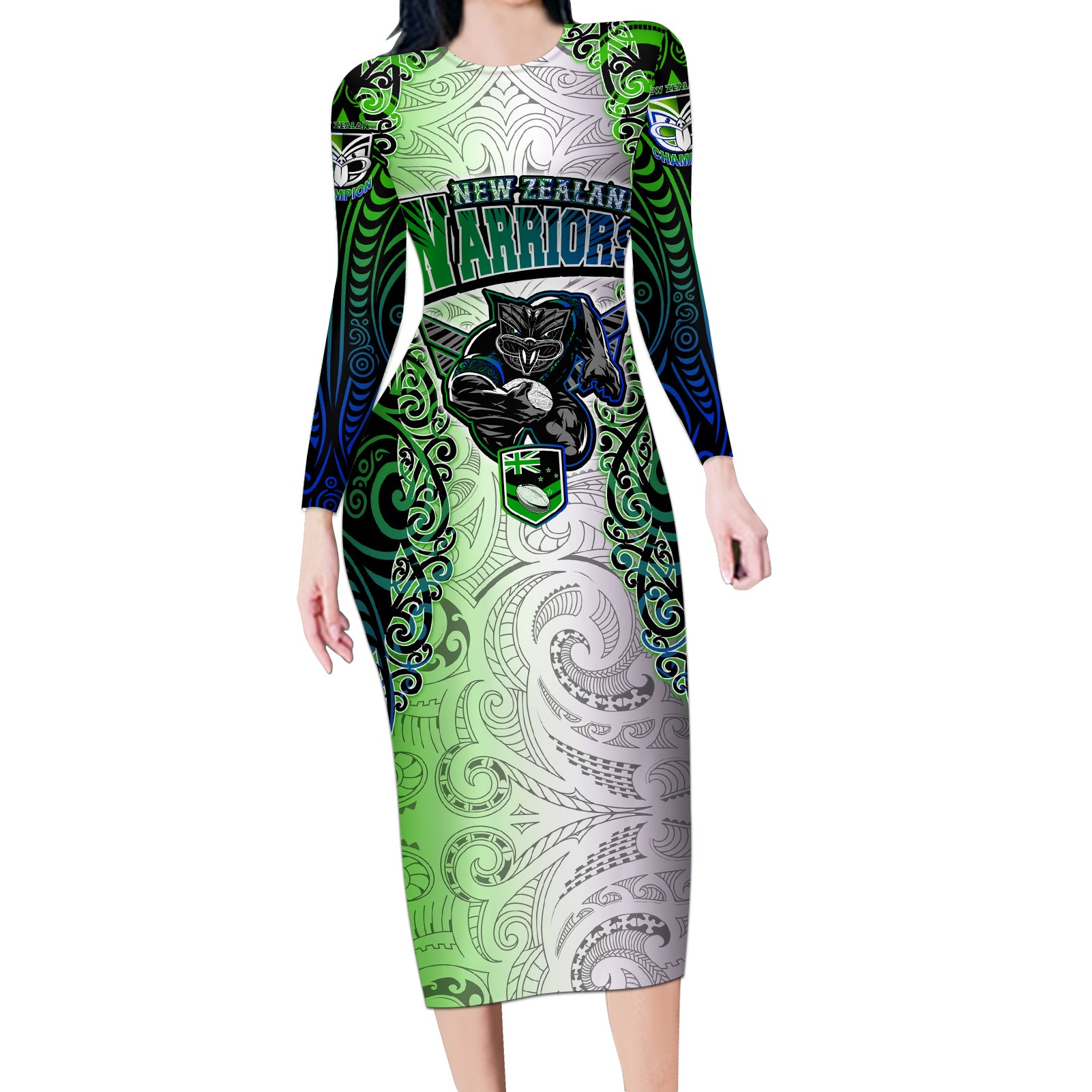 Personalised New Zealand Warriors Long Sleeve Bodycon Dress Maori Silver Fern Green DT02 Long Dress Green - Polynesian Pride