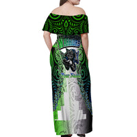 Personalised New Zealand Warriors Off Shoulder Maxi Dress Maori Silver Fern Green DT02 - Polynesian Pride