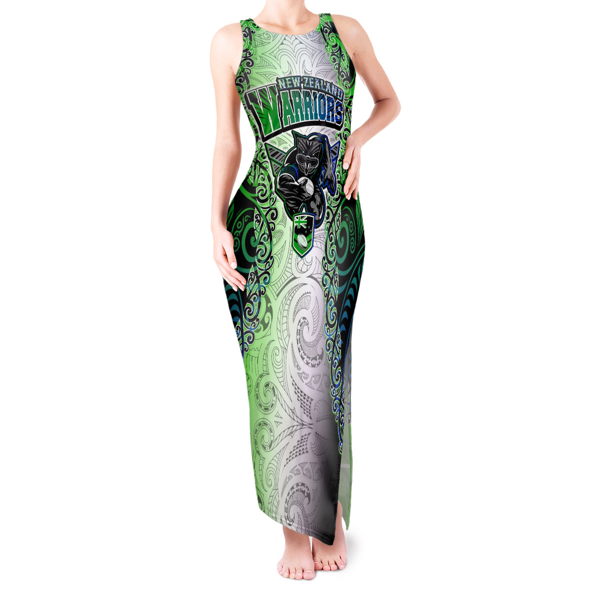 Personalised New Zealand Warriors Tank Maxi Dress Maori Silver Fern Green DT02 Women Green - Polynesian Pride