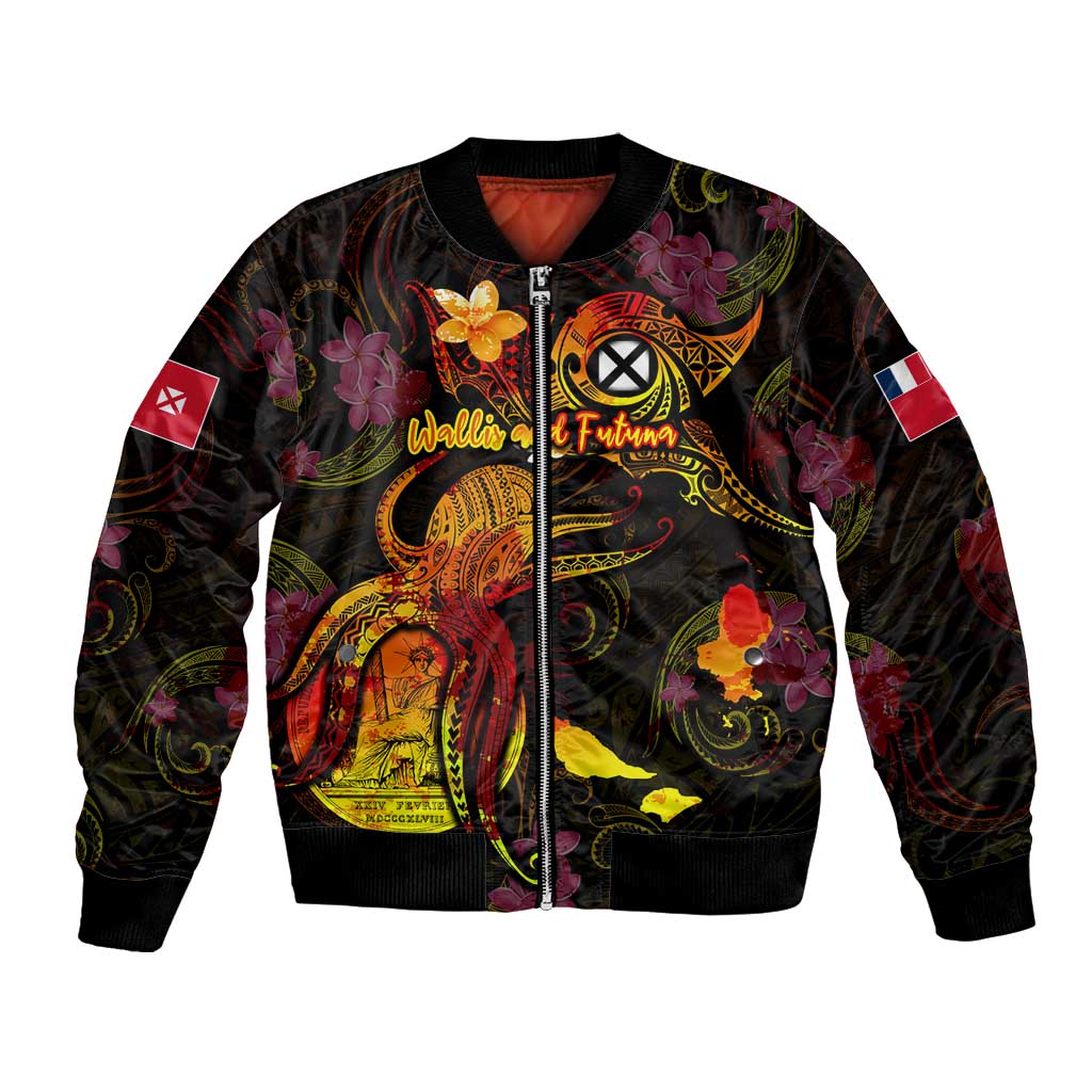 Wallis and Futuna Bomber Jacket Octopus Plumeria Polynesian Tattoo