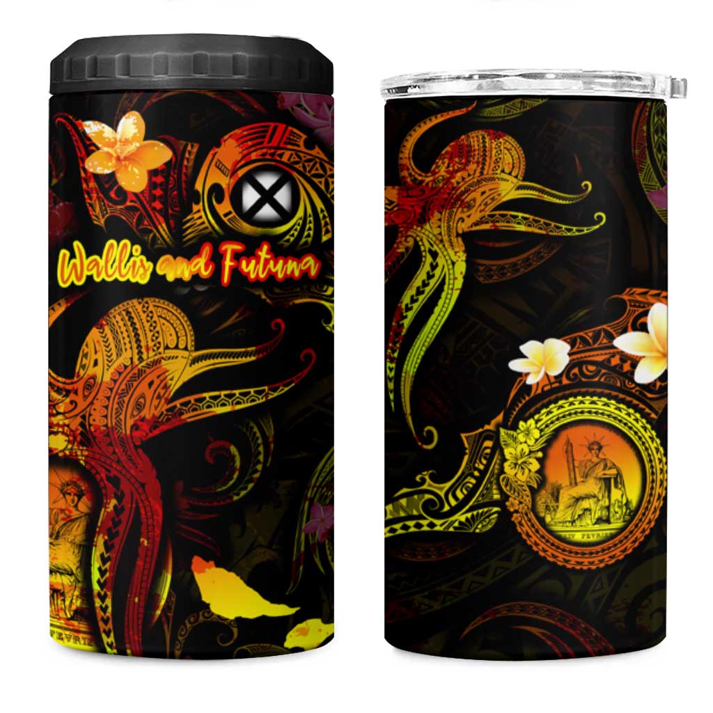 Wallis and Futuna 4 in 1 Can Cooler Tumbler Octopus Plumeria Polynesian Tattoo