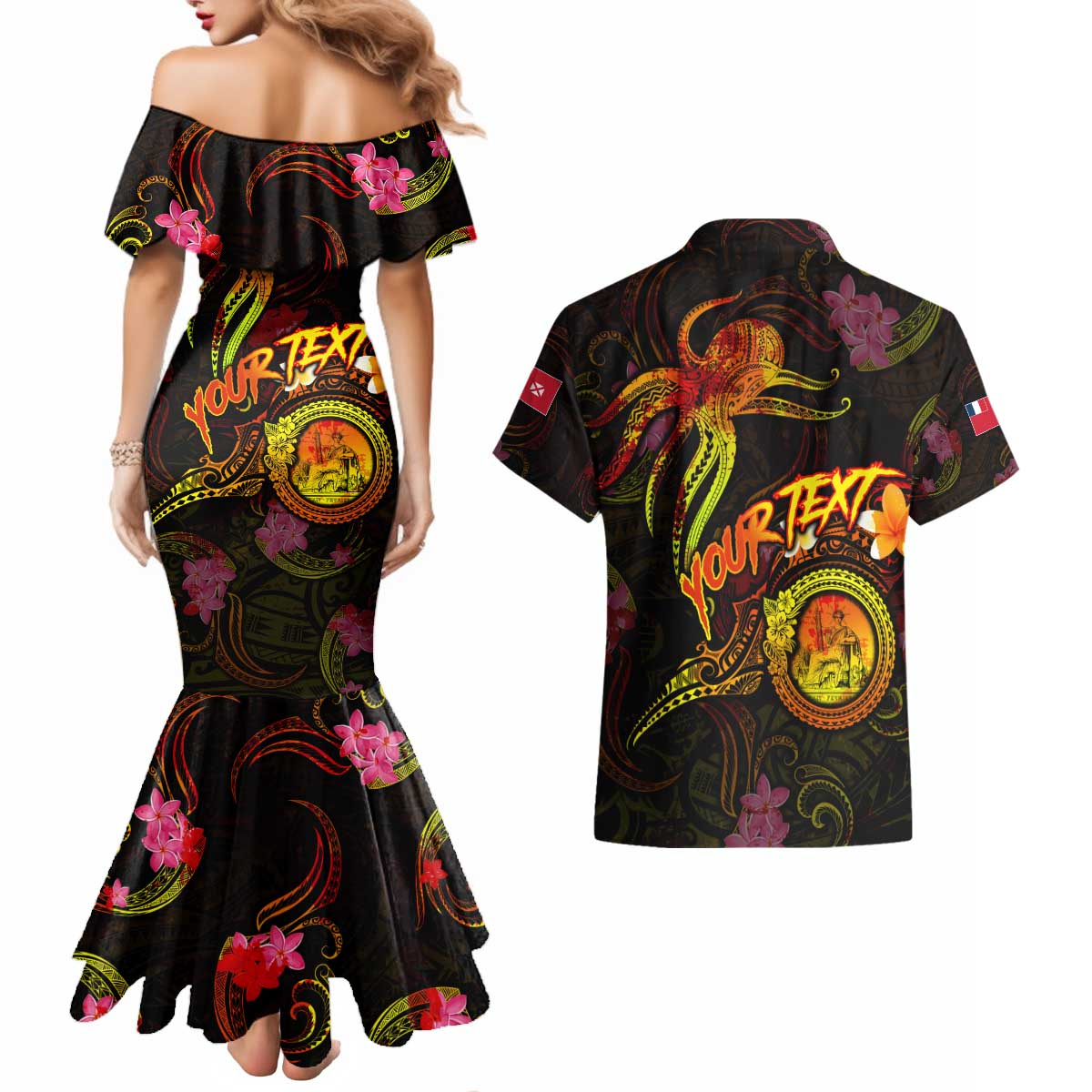 Wallis and Futuna Couples Matching Mermaid Dress and Hawaiian Shirt Octopus Plumeria Polynesian Tattoo