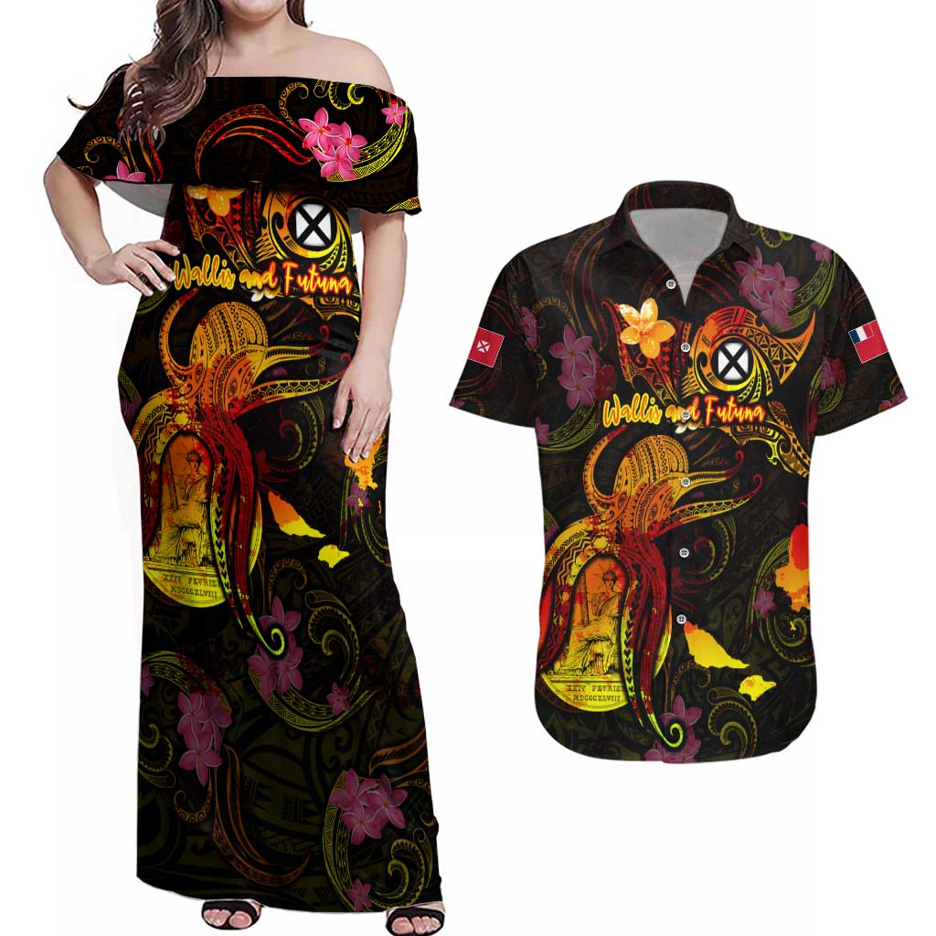 Wallis and Futuna Couples Matching Off Shoulder Maxi Dress and Hawaiian Shirt Octopus Plumeria Polynesian Tattoo