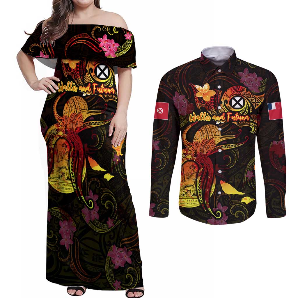 Wallis and Futuna Couples Matching Off Shoulder Maxi Dress and Long Sleeve Button Shirt Octopus Plumeria Polynesian Tattoo