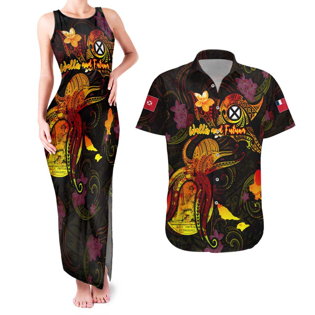 Wallis and Futuna Couples Matching Tank Maxi Dress and Hawaiian Shirt Octopus Plumeria Polynesian Tattoo