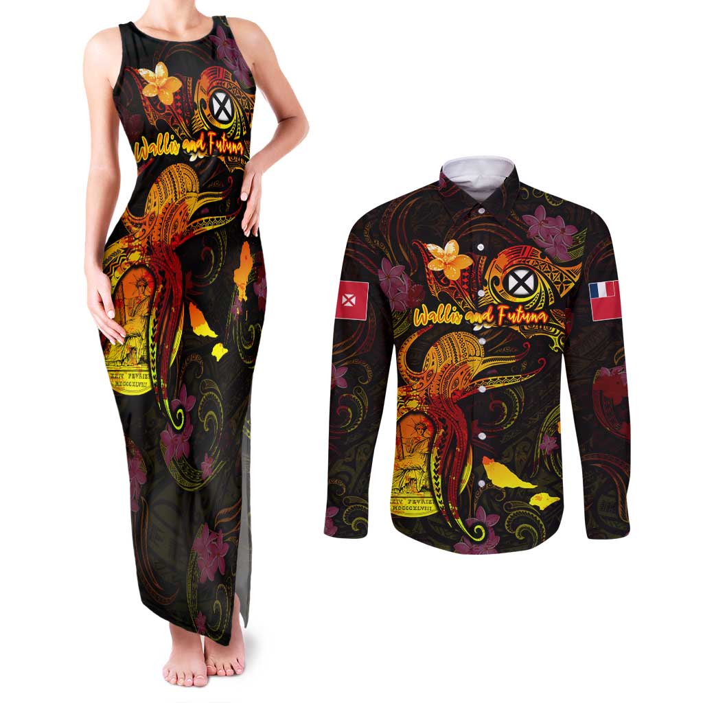 Wallis and Futuna Couples Matching Tank Maxi Dress and Long Sleeve Button Shirt Octopus Plumeria Polynesian Tattoo