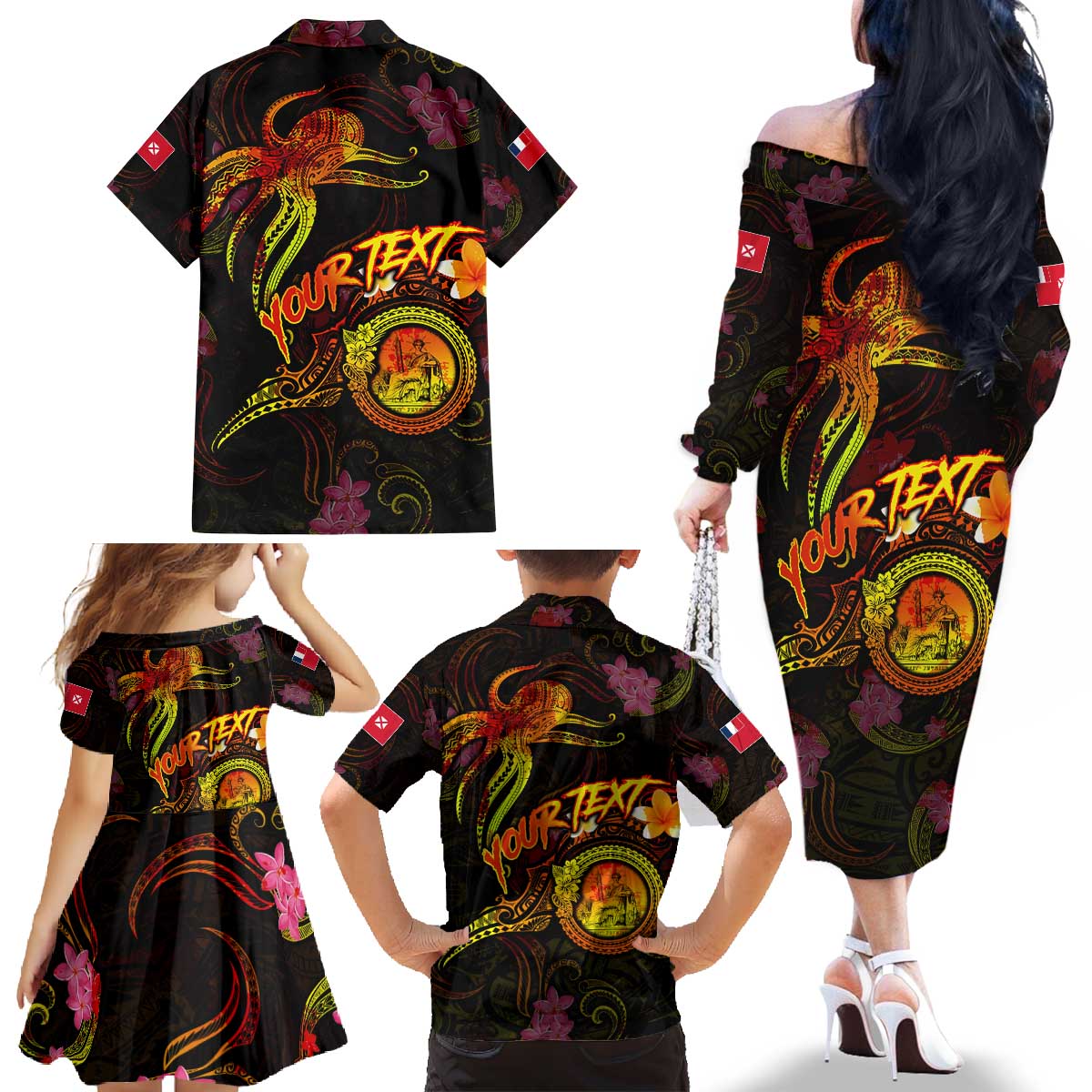Wallis and Futuna Family Matching Off The Shoulder Long Sleeve Dress and Hawaiian Shirt Octopus Plumeria Polynesian Tattoo