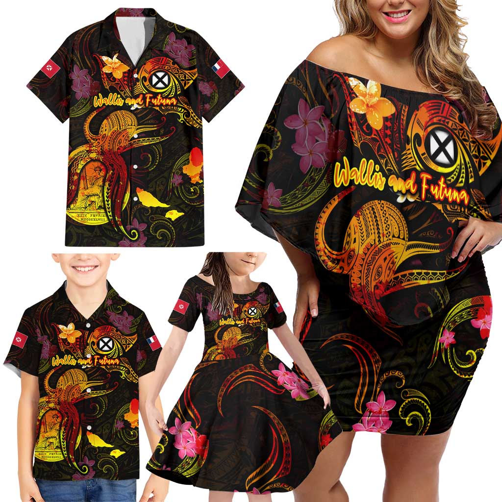 Wallis and Futuna Family Matching Off Shoulder Short Dress and Hawaiian Shirt Octopus Plumeria Polynesian Tattoo