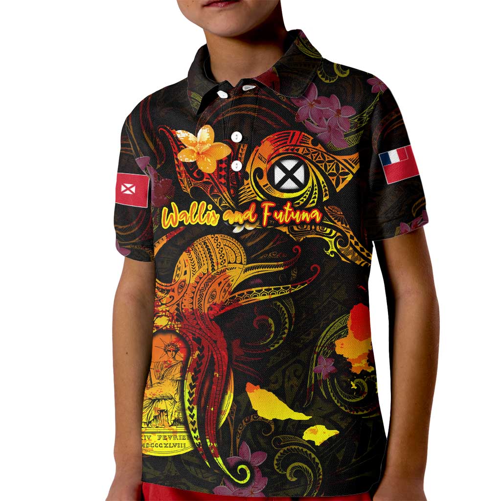 Wallis and Futuna Kid Polo Shirt Octopus Plumeria Polynesian Tattoo