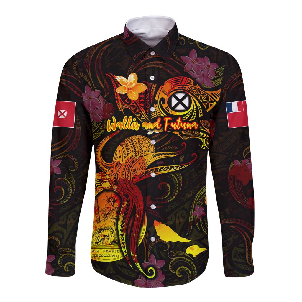Wallis and Futuna Long Sleeve Button Shirt Octopus Plumeria Polynesian Tattoo
