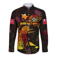 Wallis and Futuna Long Sleeve Button Shirt Octopus Plumeria Polynesian Tattoo