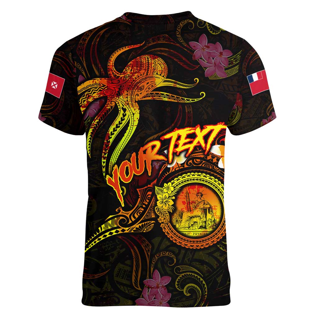 Wallis and Futuna Women V-Neck T-Shirt Octopus Plumeria Polynesian Tattoo