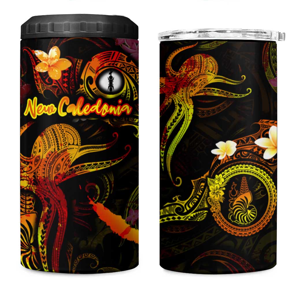 New Caledonia 4 in 1 Can Cooler Tumbler Octopus Plumeria Polynesian Tattoo