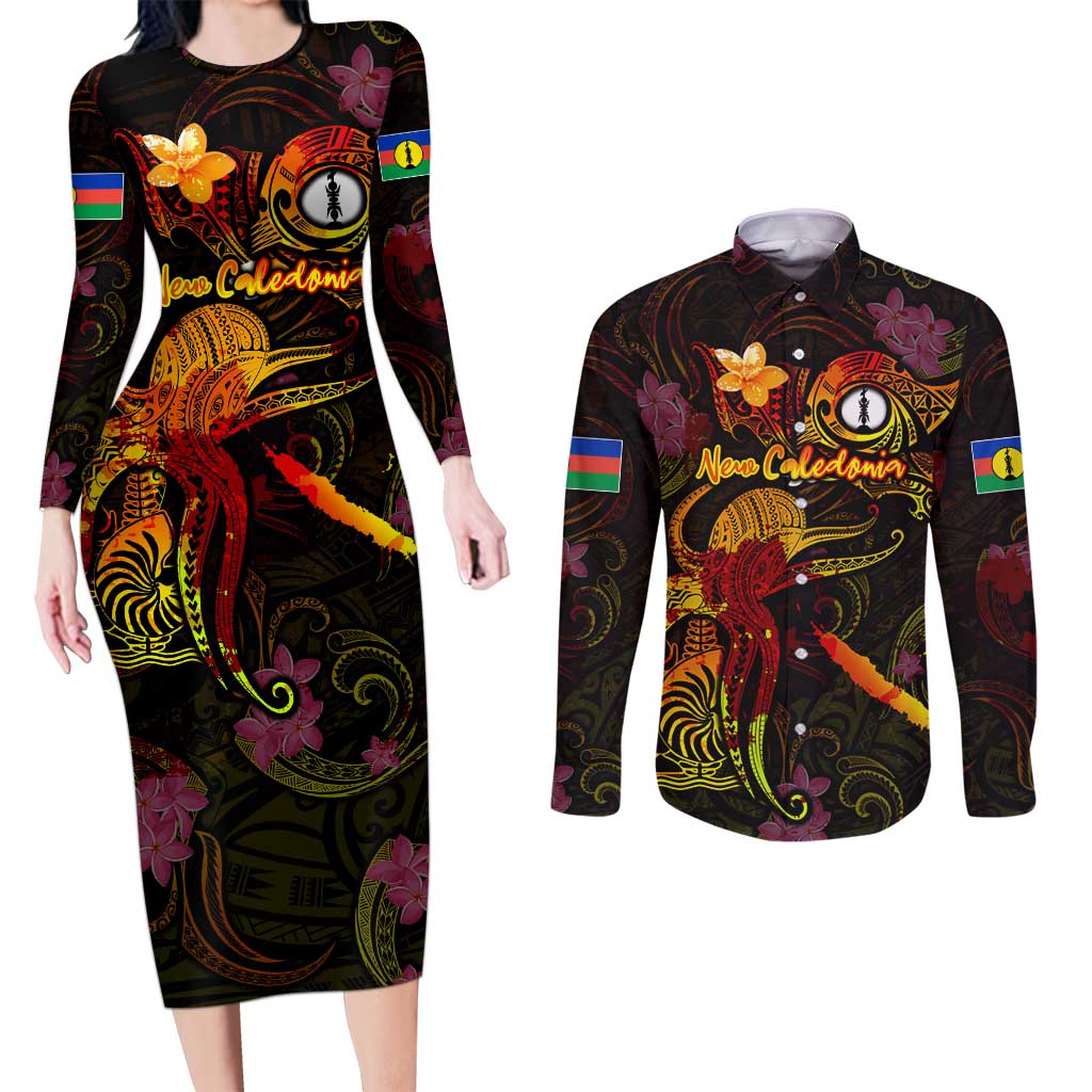 New Caledonia Couples Matching Long Sleeve Bodycon Dress and Long Sleeve Button Shirt Octopus Plumeria Polynesian Tattoo