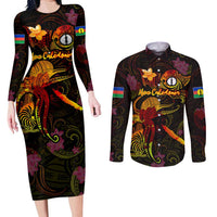 New Caledonia Couples Matching Long Sleeve Bodycon Dress and Long Sleeve Button Shirt Octopus Plumeria Polynesian Tattoo