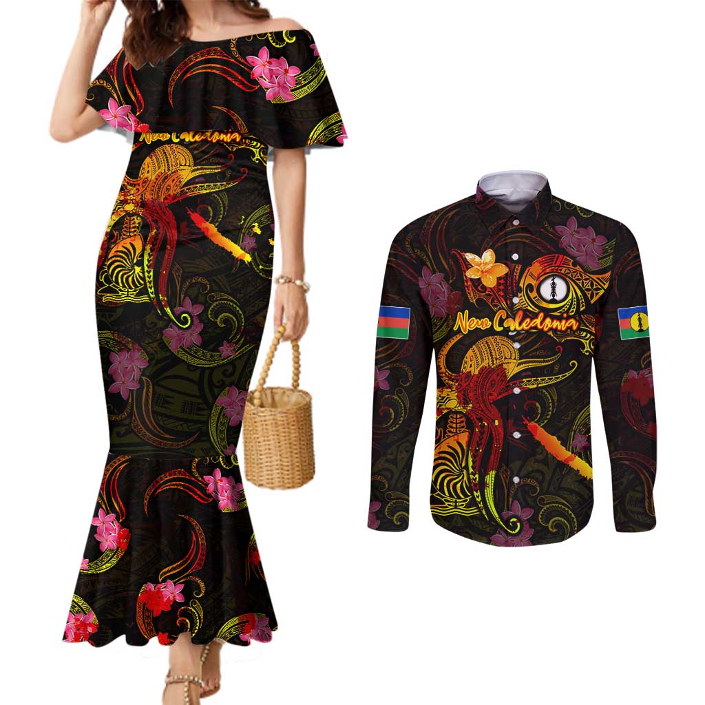 New Caledonia Couples Matching Mermaid Dress and Long Sleeve Button Shirt Octopus Plumeria Polynesian Tattoo